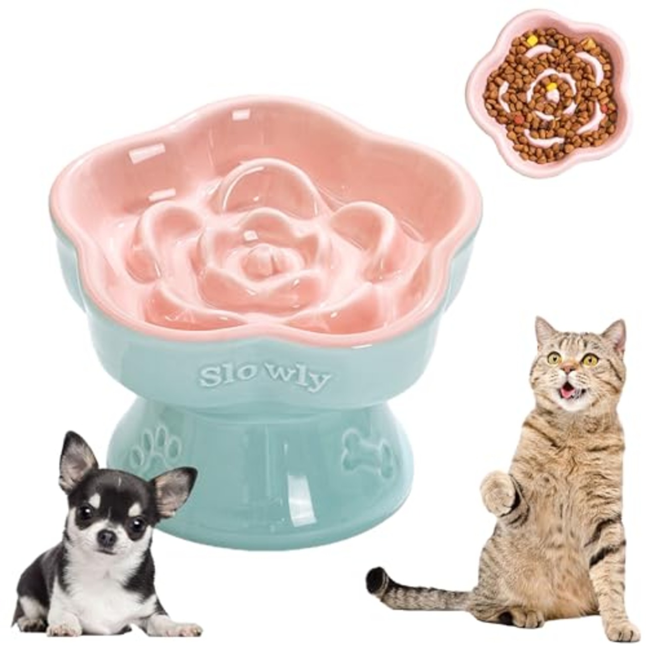 陶器 早食い防止 食器 犬 傾斜 犬 早食い防止 小型犬 中型犬 猫 早食い防止 食器 高台 犬 はや食い防止食器 小型犬 高さ 犬 餌入れ 防止吐き戻し 猫 早食い防止 小さめ 可愛い 犬 餌皿 鼻ぺちゃ猫 早食い防止 食器 食洗機対応 電子レンジ対応 (ブルー)