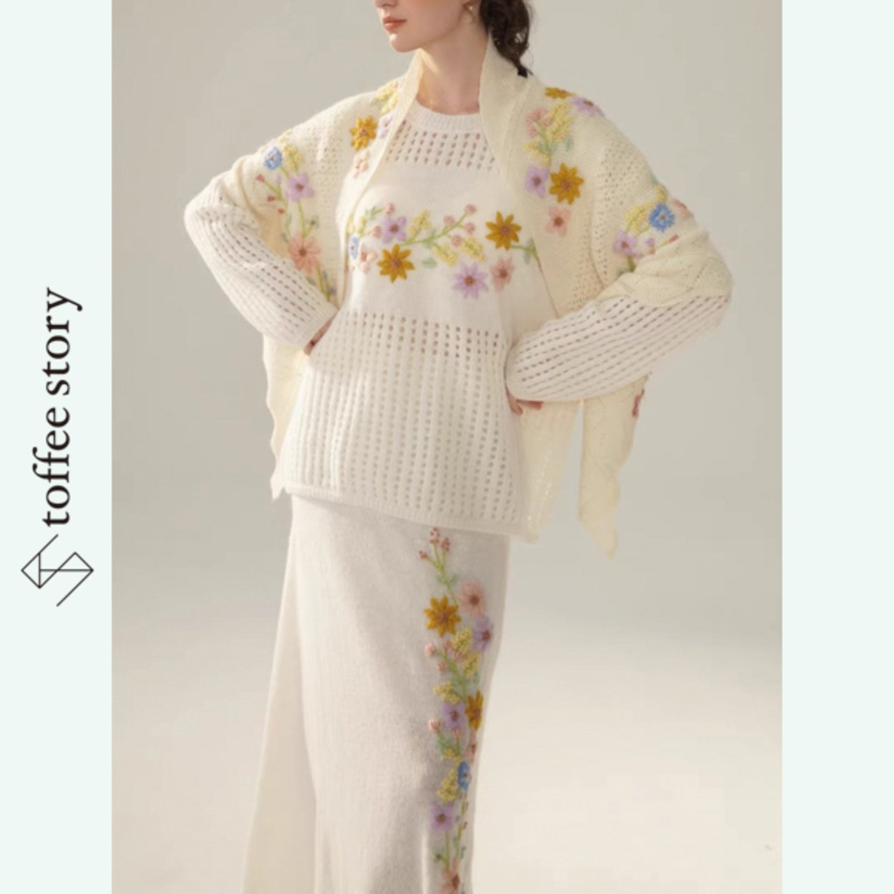 【2color】野花刺繍の透かし編み3点ニットコーデ 《Y0421》