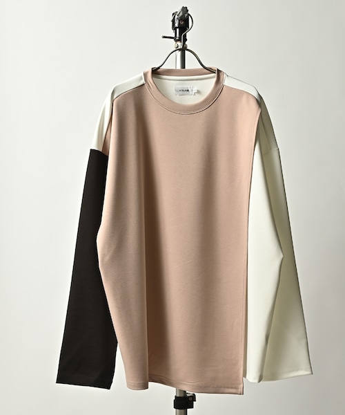 ATELANE  stretch punch asymmetry wrap switching color combination L/S cut and sew (WHT/BEG) 23A-14011