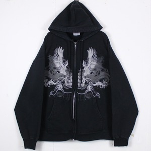 【Caka act2】Skull × Eagle × Gothic Print Design Zip Hoodie