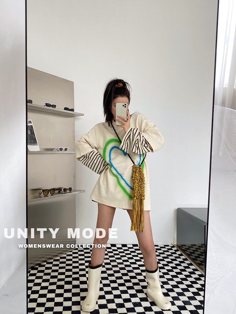 スリーブTシャツ レディーススプリングオータムルーズプリント格子柄ラウンドネックスカート コットン 春物 秋物 Oネック ビッグFスモールZ韓国15819671348