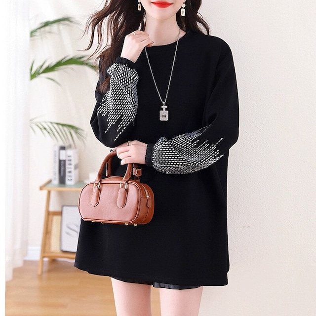 BLACK DESIGN SLEEVES ROUND NECK A-LINE SWEAT SHIRT 1color M-14486
