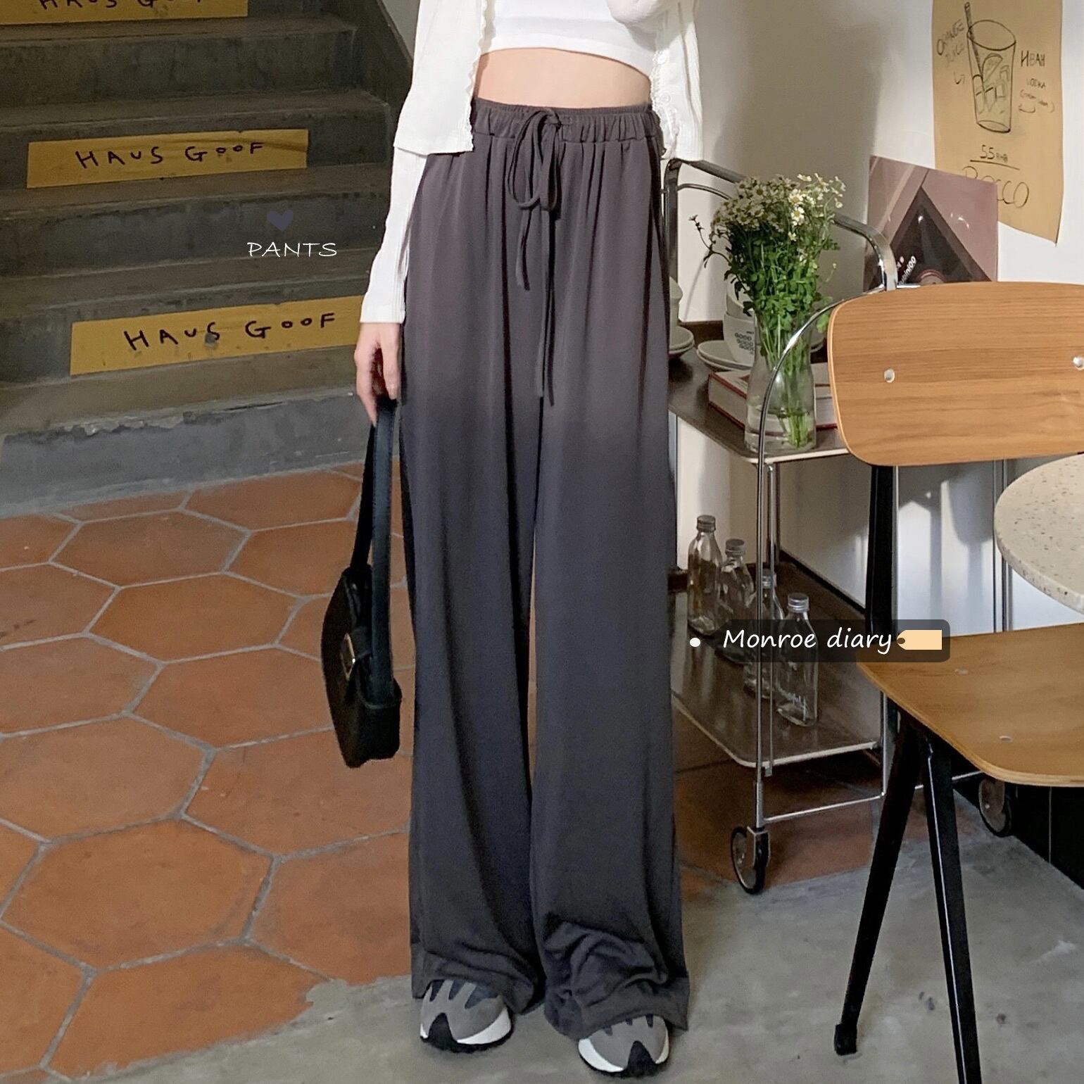 グレーギャザーハイウェストウェストカジュアルパンツ スプリングオータム薄手ルーズサマー 春物 夏物 秋物 モンロー57957594690