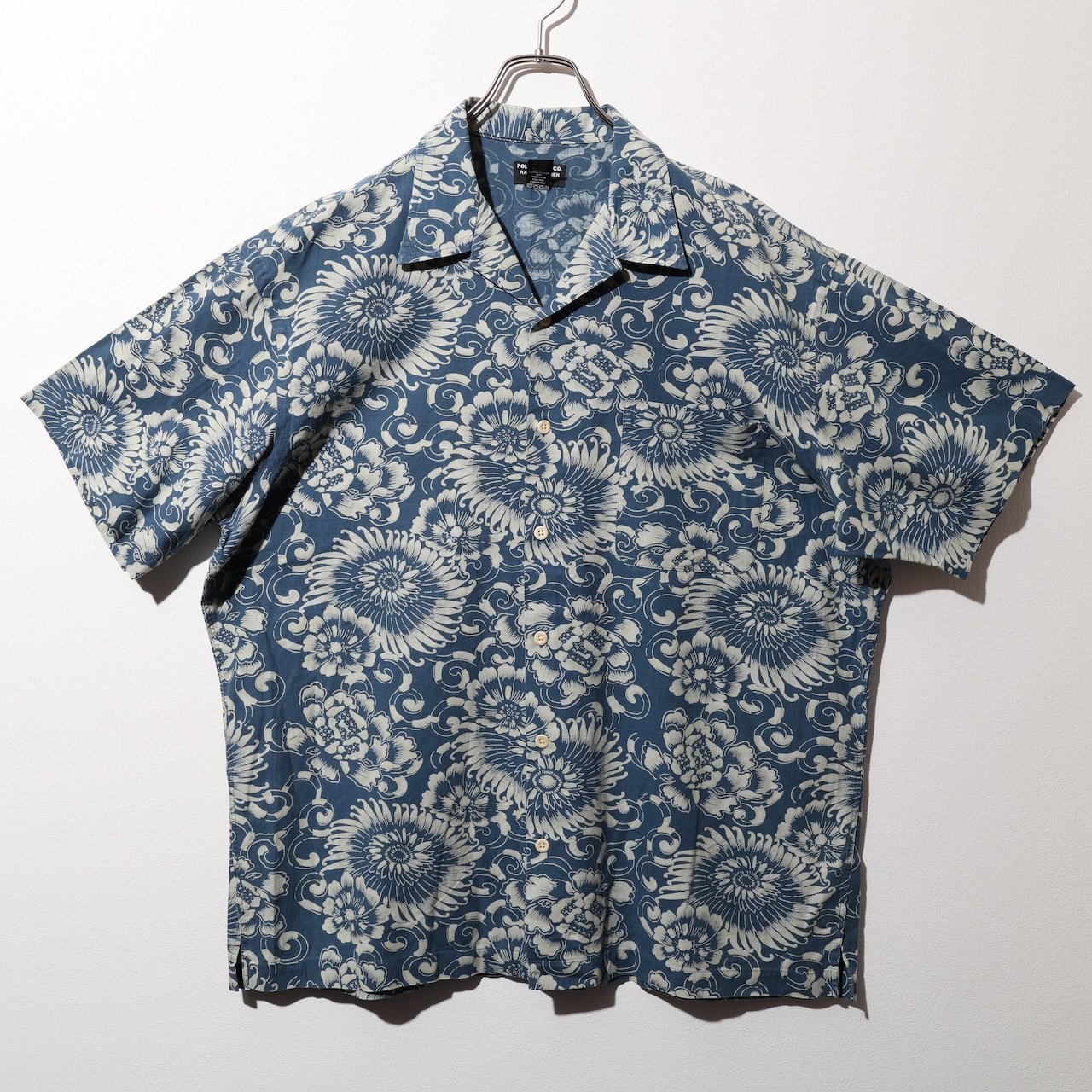 美品 L Polo Jeans コットンリネン ブルー 花柄 総柄 半袖シャツ