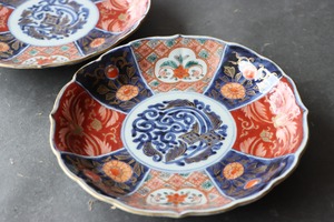 九谷焼 色絵 花菱七宝文 稜花 中皿 七寸 通りもの/Kutani medium size plate