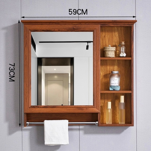 【木製 インテリア 鏡】浴室 棚 壁掛け式 穴なし トイレ 収納 洗面台 化粧鏡 棚付き タオルバー ブラウン ホワイト コスメ スキンケア