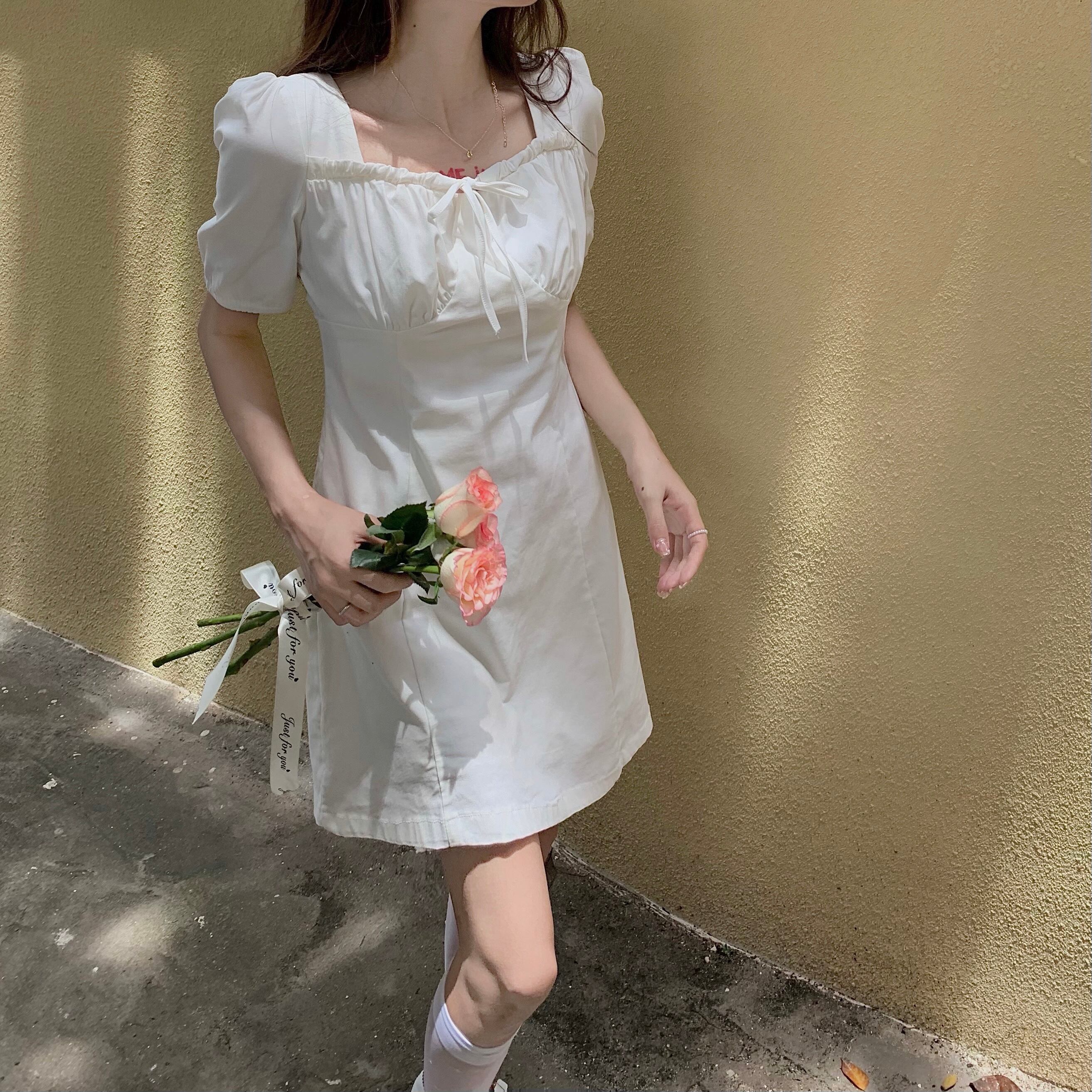 ドレス サマーウェスト薄手ホワイトAラインスカート 大人ガーリー スウィート キュート カジュアル 夏物 スクウェア クレセントシティ72001152607