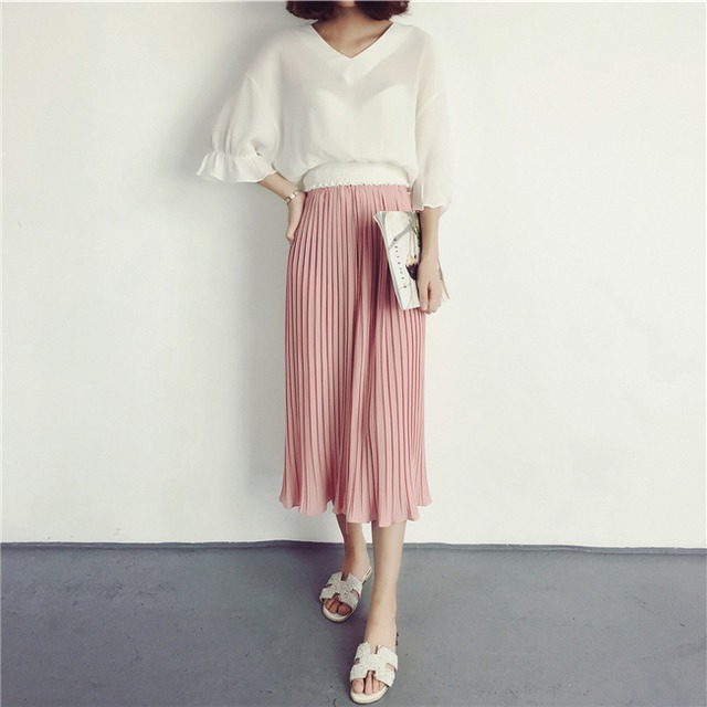 ワイドパンツ スカンツ ピンク M ハイウエスト プリーツスカート 7分丈 シフォン 無地 レディース スカーチョ ガウチョパンツ Ftnstyle