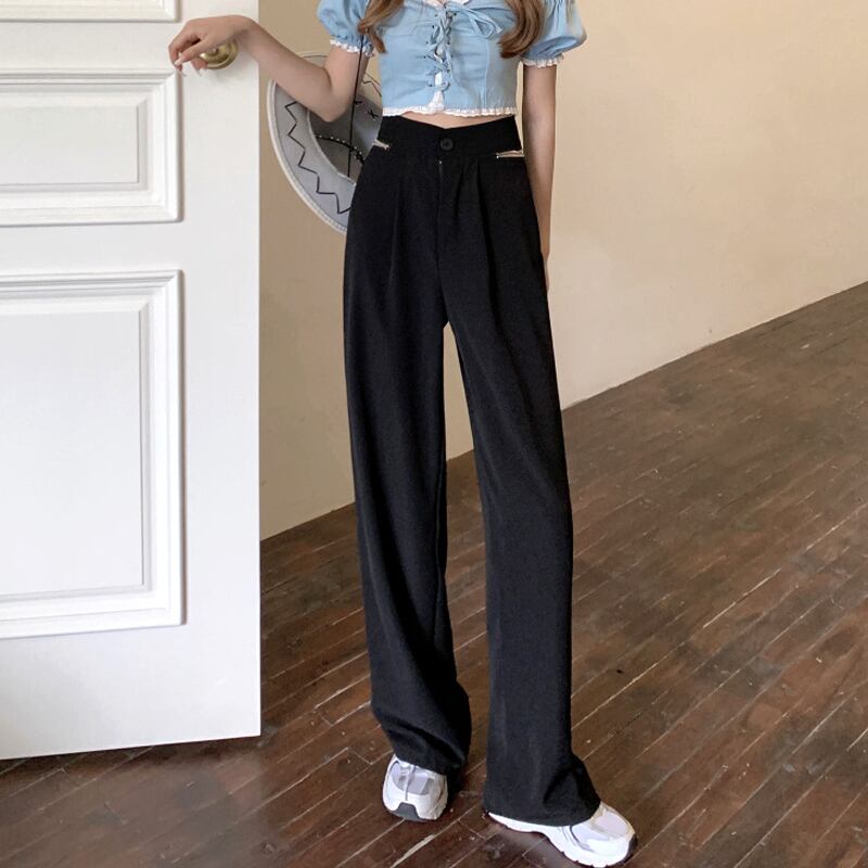 ブラックパンツ サマーハイウェスト薄手ルーズカジュアル 夏物 試着室99541670187