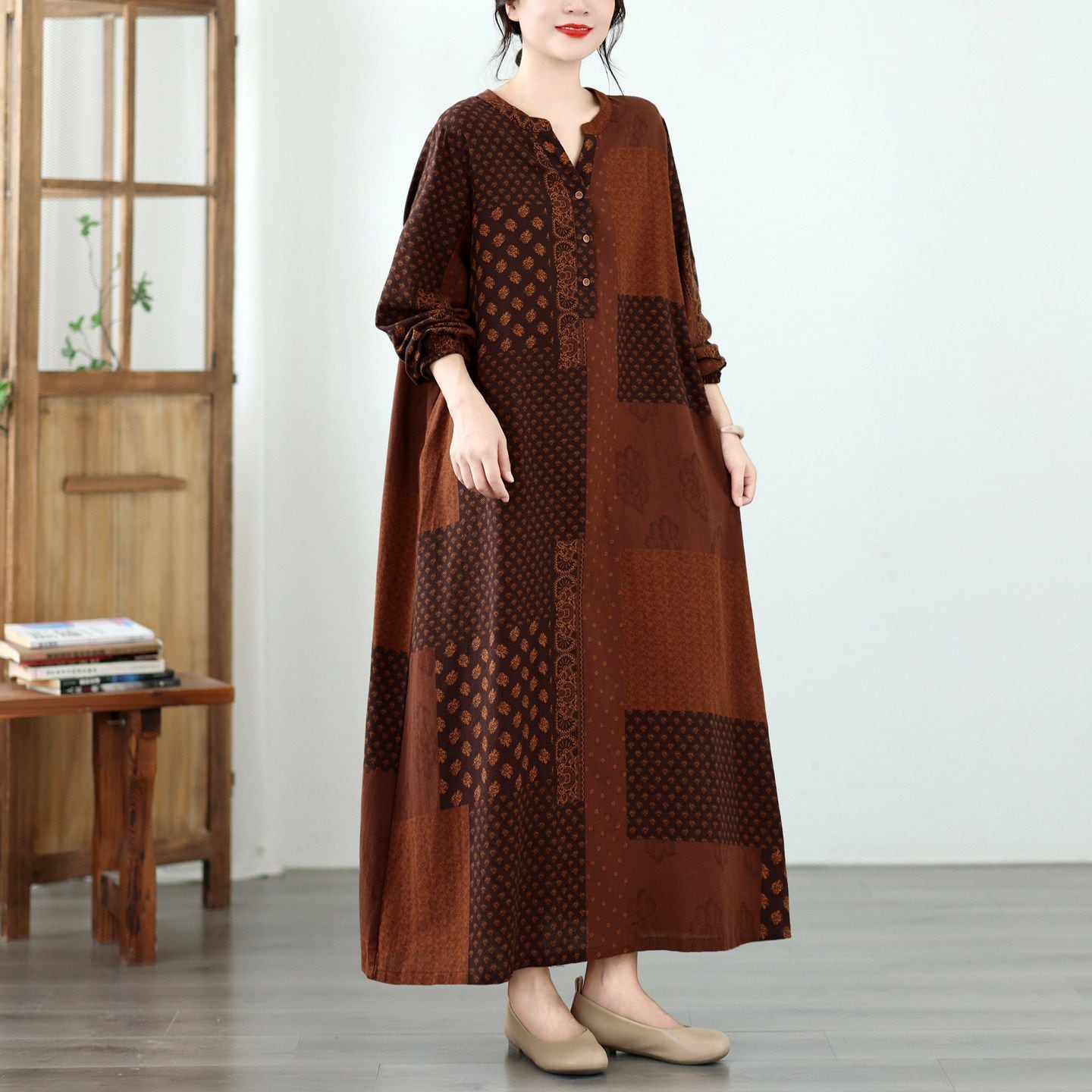 PANEL PRINT LONG SLEEVE RELAXED MIDI DRESS M-18233
