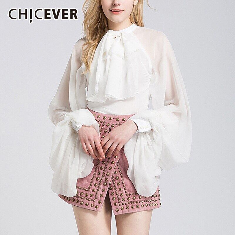 CHICEVERシャツレディーススタンドカラーランタン長袖パッチワークフリルシフォンブラウス2021秋服 ロング ラッフル オータム 秋物 6base524147947960
