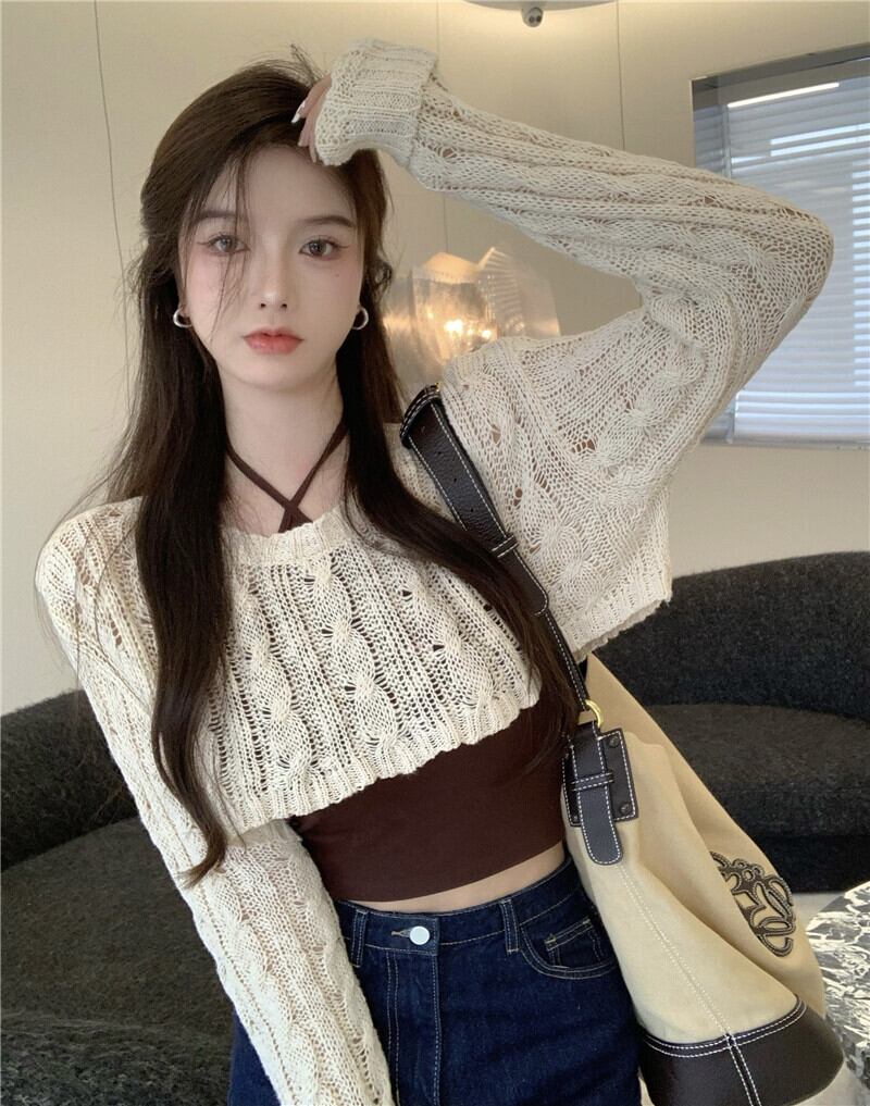 ニット薄手オータムショートトップス ブラウス 秋物 ブラックストロベリース91483124884