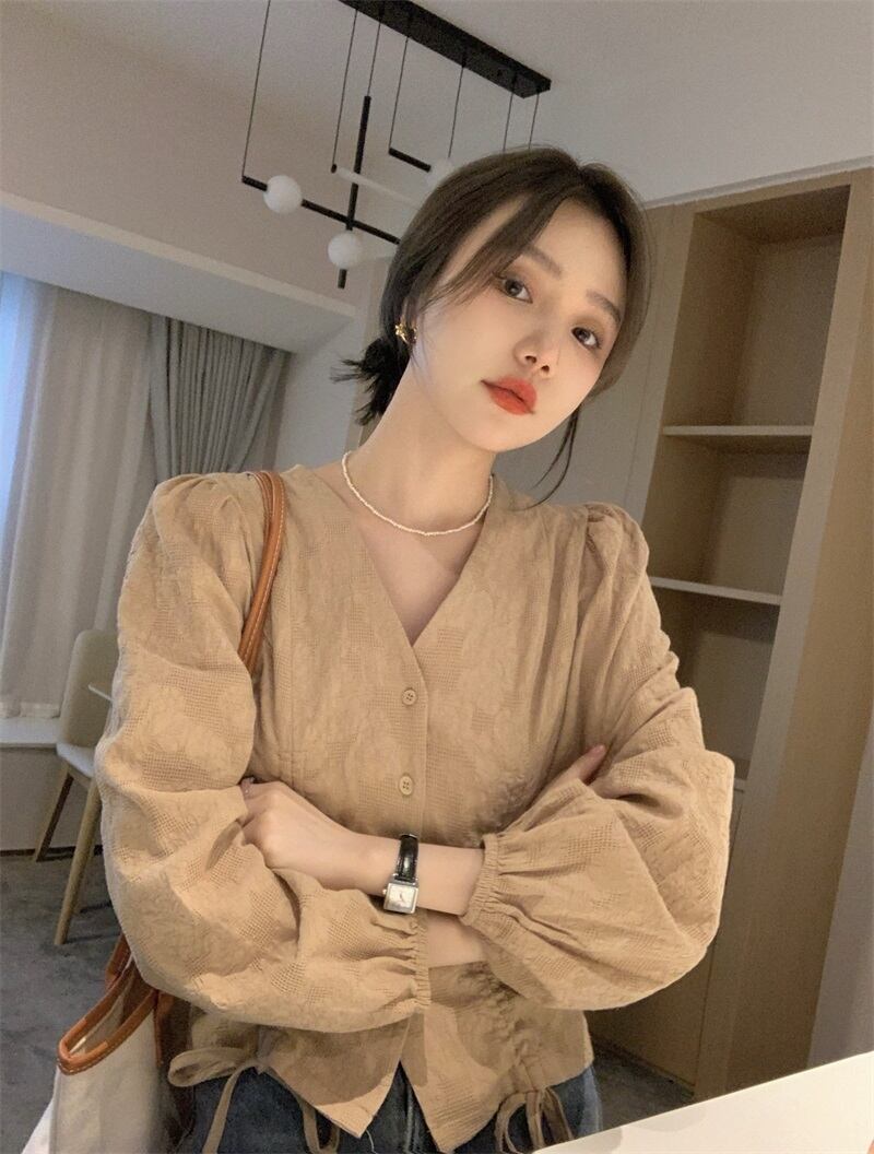 スタンダードVネックカーキシャツ オータムジャケット トップス ロング レトロ 秋物 モンロー98548052454