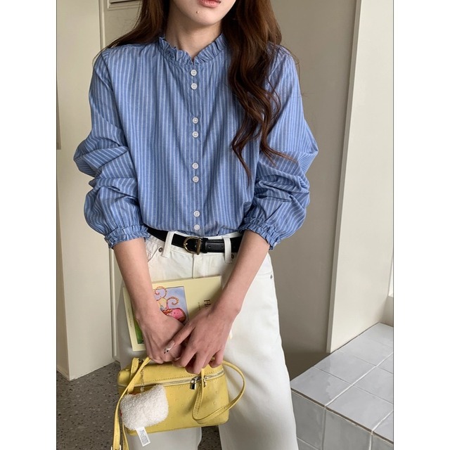【ブラウス】レディース ブラウス 長袖 おしゃれ フリル オフィス 体型カバー 着痩せ トップス シャツ ブラウス 韓国 ブラウス 春 秋 冬 20代 30代 40代 50代 シンプル オフィス レディース フォーマル きれいめ ストライプ ブルー 青 ホワイト 白 M L