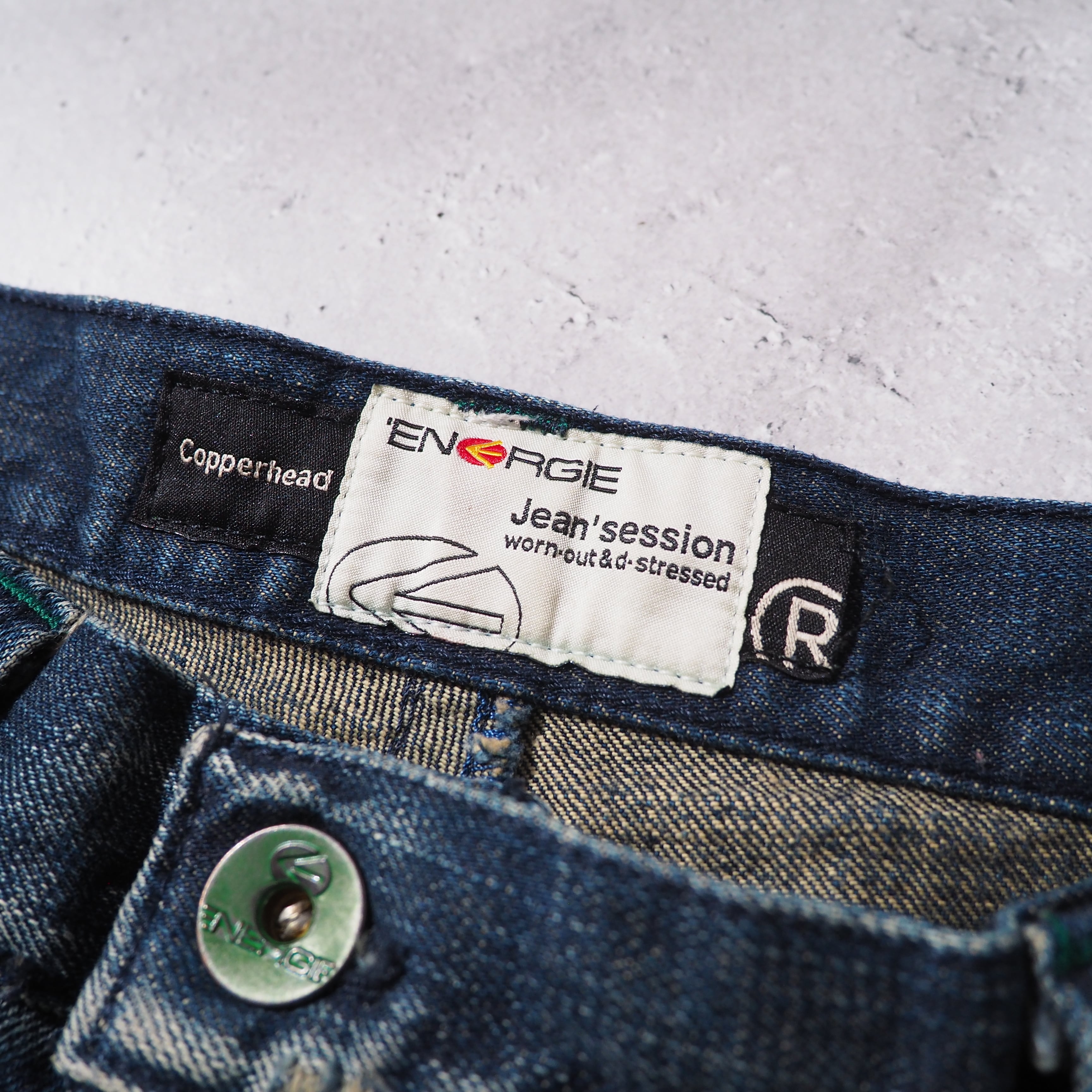 " ENERGIE " Good Fade Aging × Green stitch Embroidery vintage Denim pants (made in Italy)