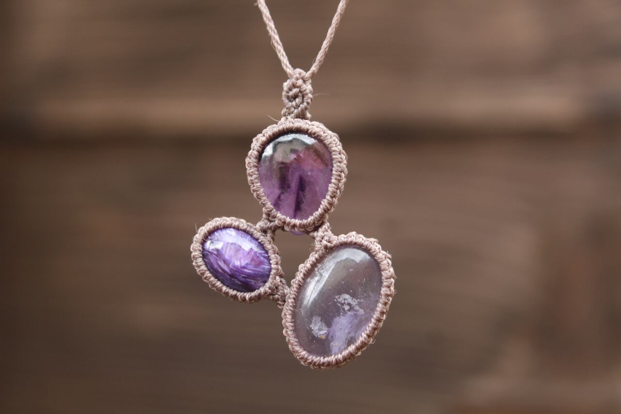 Fluorite & Charoite & Amethyst micro macrame pendant