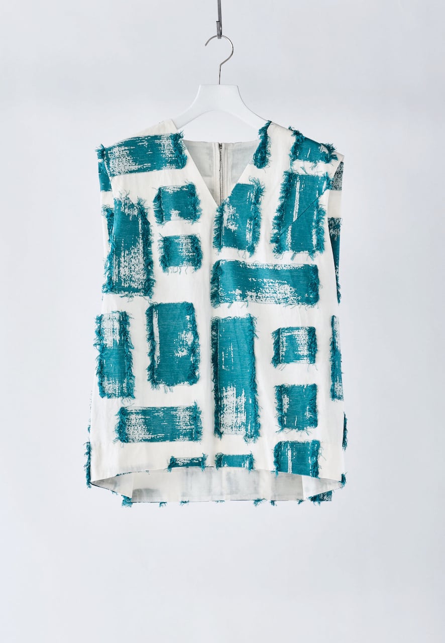 フリンジカットジャガード Vネックトップ グリーン×ベージュ