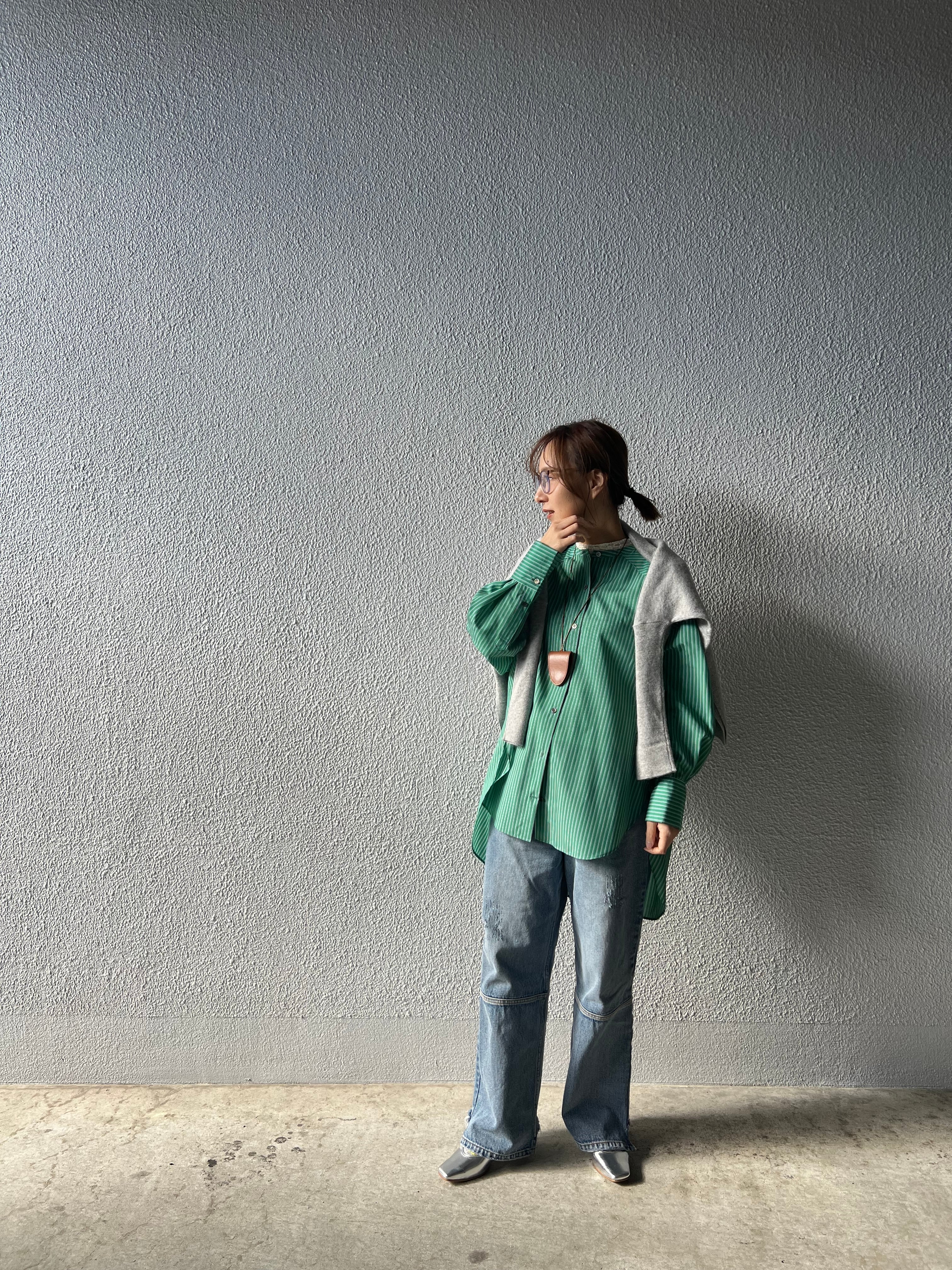 【PASSIONE】バンドカラーストライプロングシャツ 616915