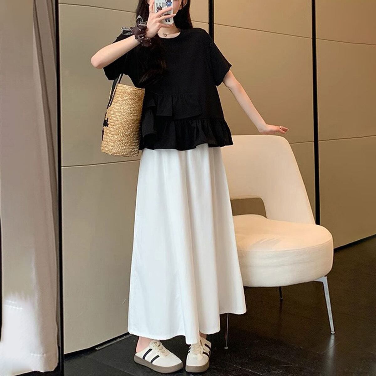 Tシャツ 半袖 レディース 春夏秋 韓国 フリルTシャツ きれいめ 大人 かわいい おしゃれ ペプラム アシンメトリー 裾フレア 大人可愛い 大人女子