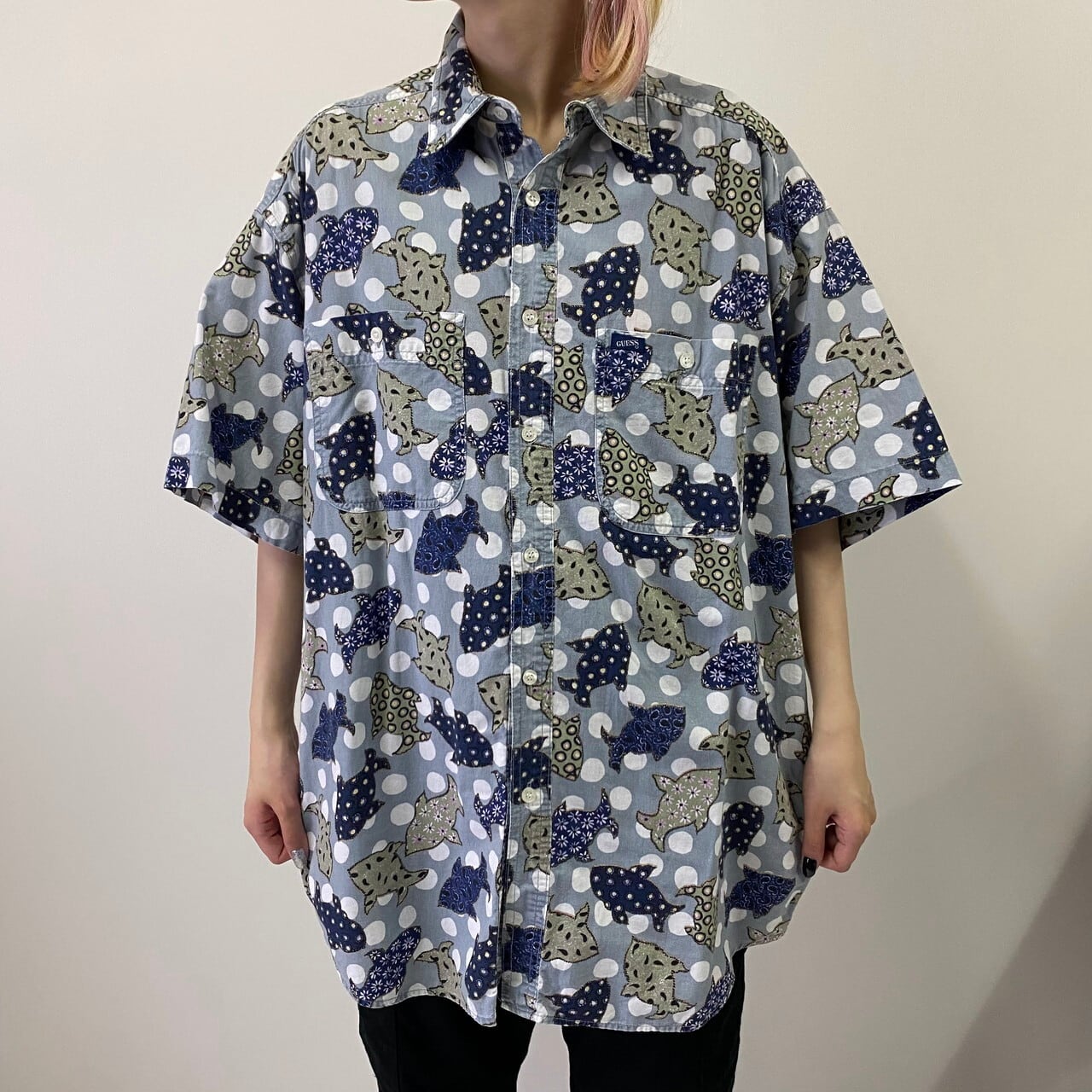 90年代 USA製 GUESS ゲス 半袖 コットン 魚 ドット柄 ペイズリー柄 花