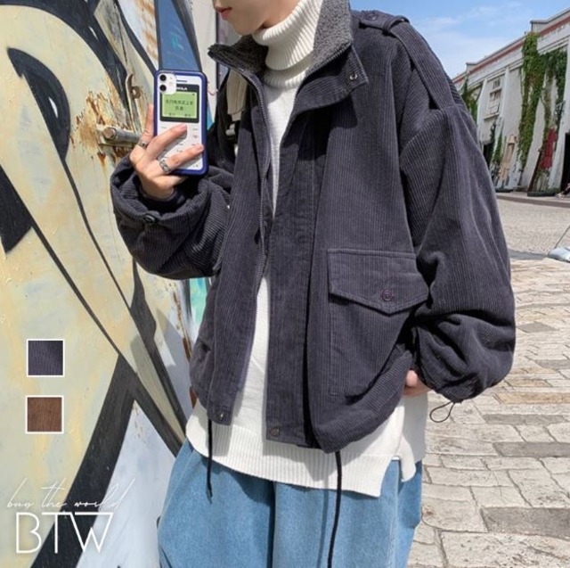 【韓国メンズファッション】コーデュロイ 裏ボア ジャケット 長袖  無地 シンプル ゆったり カジュアル BW2047