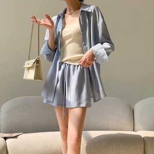 【2点セット】2色/テクスチャーシャツ+ショートパンツ ・23254 【2点セット】2色/テクスチャーシャツ+ショートパンツ ・23254