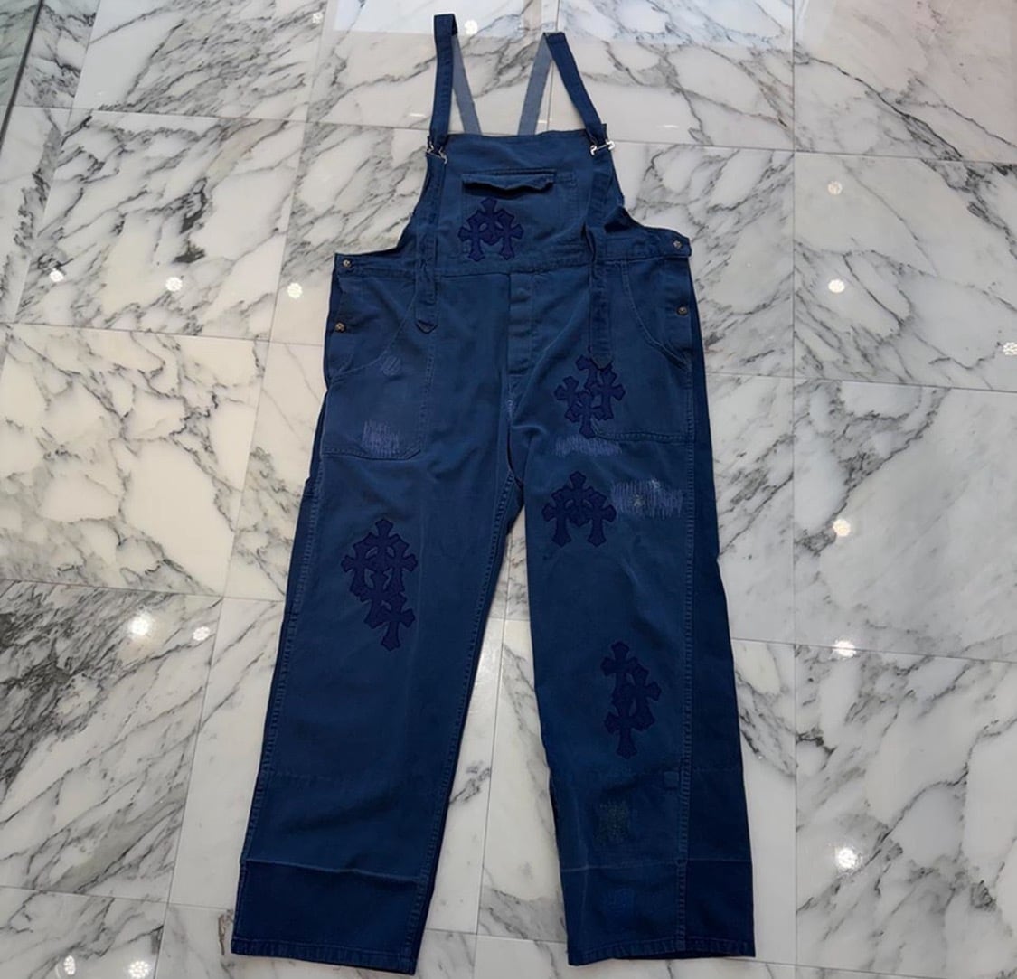 CHROME HEARTS クロムハーツ フレンチワーク クロスパッチ オーバーオール オールインワン クロスボールボタン装飾 コットンパッチ ダメージ加工 ヴィンテージ加工 ネイビー
