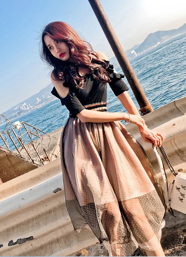 レディース 夏服 大人可愛い シンプル きれいめワンピース ワンピ オフショル お嬢様風 お姫様風 休日 デート お出かけ チュールワンピース 膝丈 モノトーン Anlo438 Antoinette