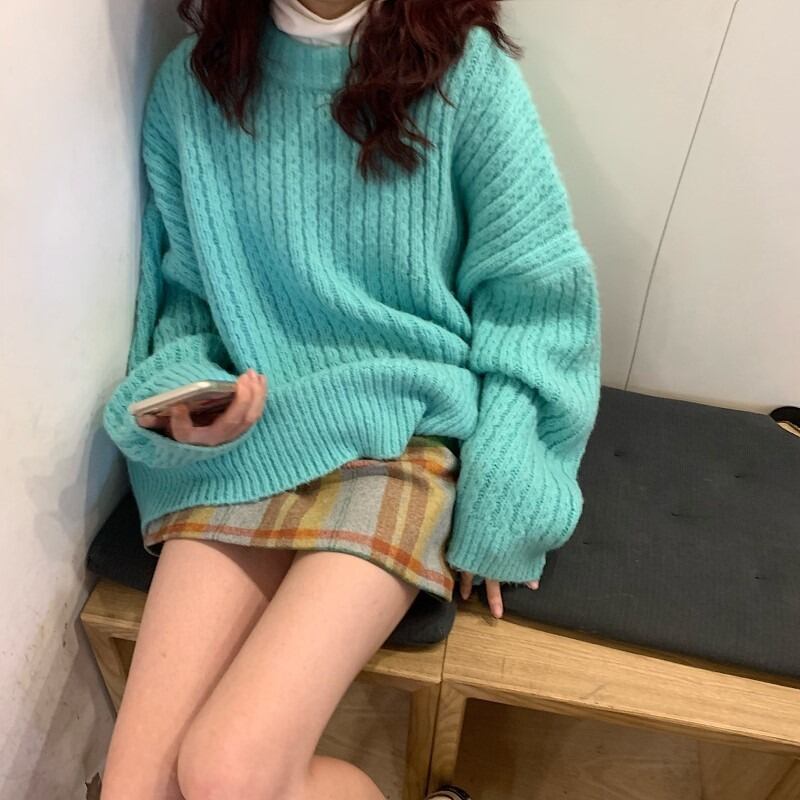 スタンダードスタイルセーター レディーススプリングオータムルーズ薄手ラウンドネックニットトップス レトロ 春物 秋物 Oネック 萌量不足91205810697