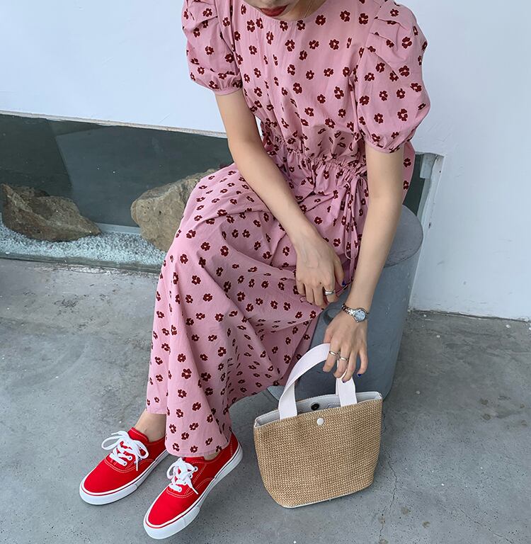 ギャザーフローラルドレス サマールーズ薄手 夏物 花柄 ビッグFスモールZ韓国71818557790