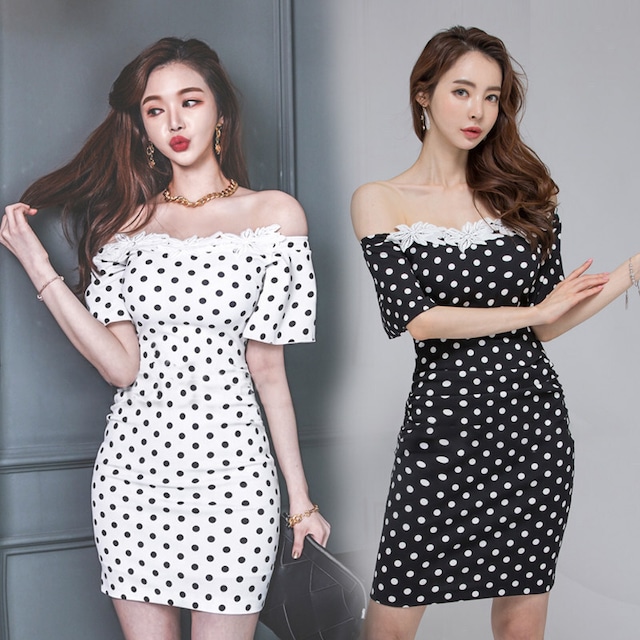 【2色】ミニドレス キャバドレス セクシー 韓国風 オフショルダー ドット柄 レース切り替え ボディコン JC2-JW3726NA71
