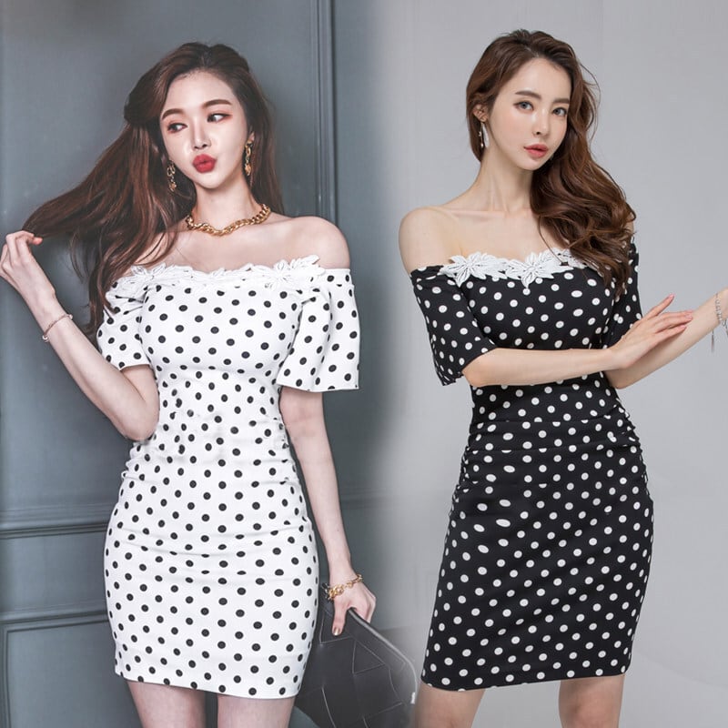 【2色】ミニドレス キャバドレス セクシー 韓国風 オフショルダー ドット柄 レース切り替え ボディコン JC2-JW3726NA71