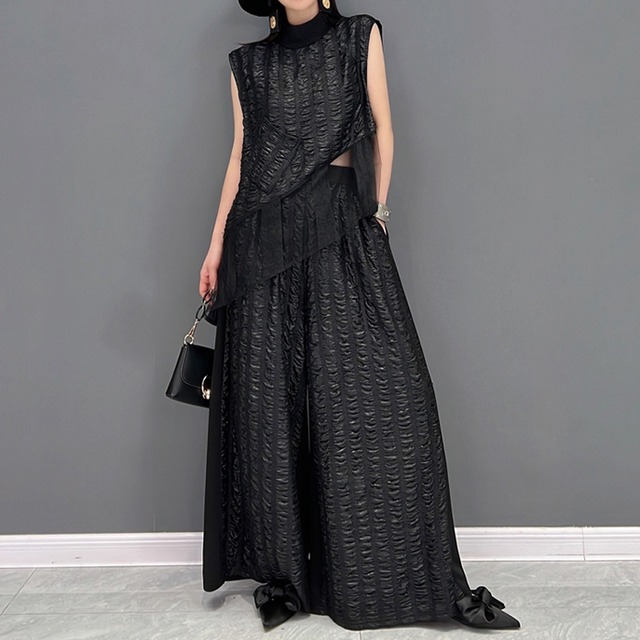 【TR0443】Pleated Two-piece Wide Pants Set