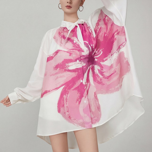 pink floral print oversized tie shirt<t3130>