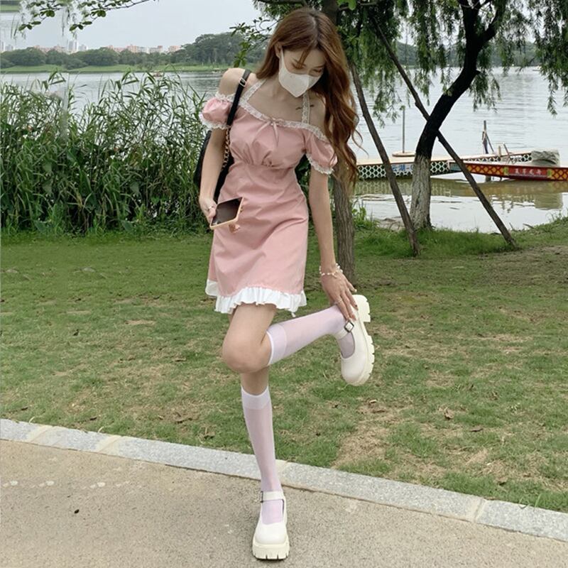 リボンレースドレス サマーウェスト薄手ラッフルスカート 夏物 萌量不足57829950552