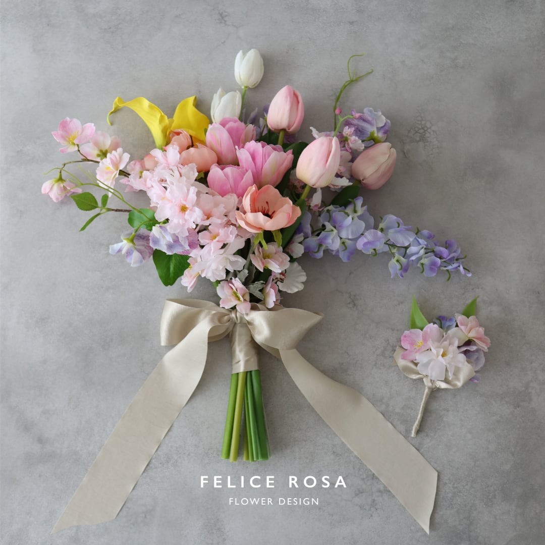 ウェディングブーケ アーティフィシャルフラワー 桜 チューリップ ピンク 2883e97e187f73f8c45e35efe1eae7