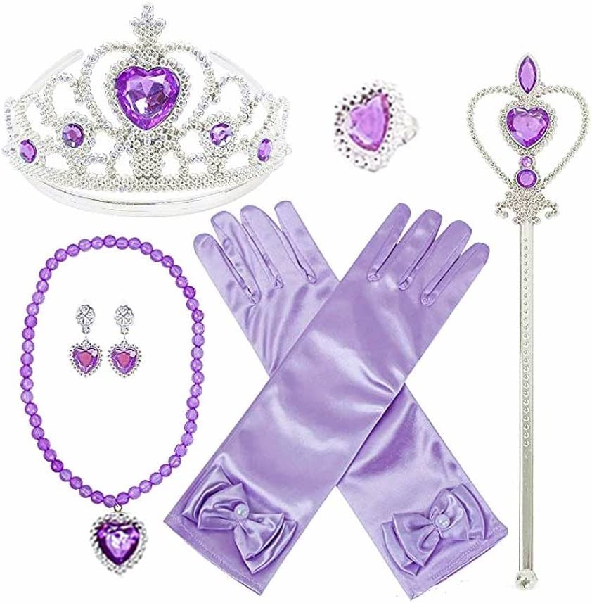 【特価処分】プリンセス アクセサリー おもちゃ セット ティアラ ブレスレット ネックレス スティック イヤリング リング 手袋 変身 なりきり 子供 コスチューム用小物 パーティーに最適 6点セット (パープル)