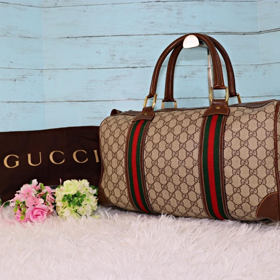 GUCCI ボストンバッグ 大容量 GG柄 シェリーライン PVC レザー