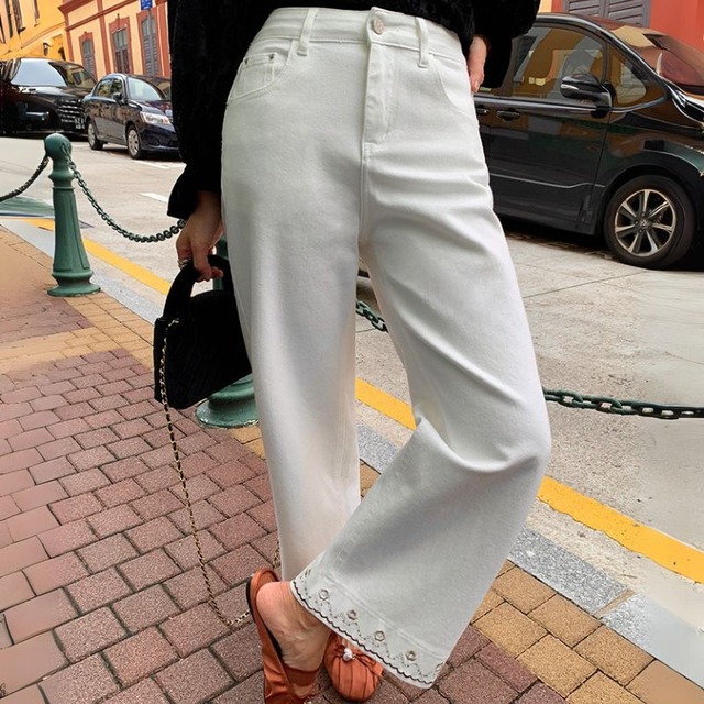 Cutwork straight white denim pants 00530