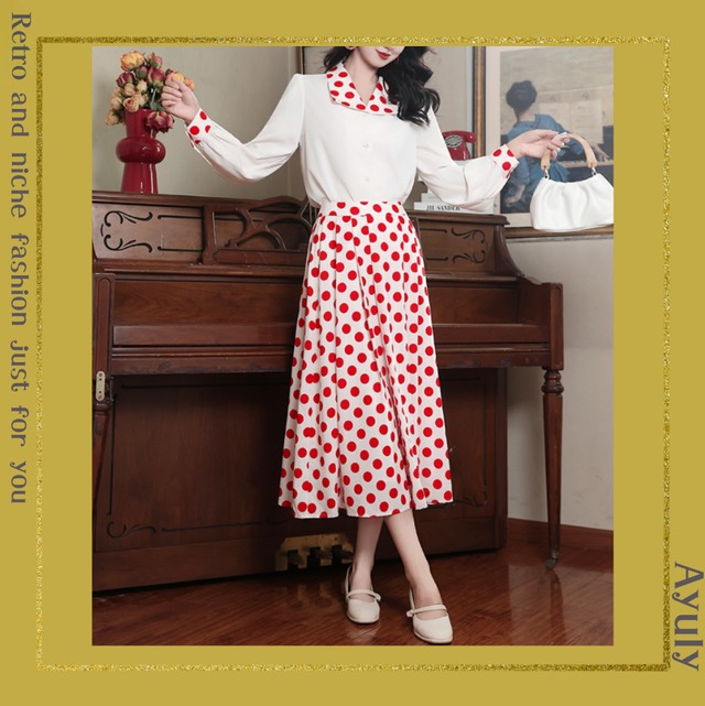 レッドドットカラーブラウス＆プリーツロングスカートセット　25584