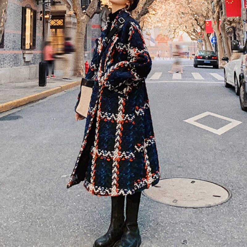 Navy Plaid Tweed Tailored Long Coat S0335