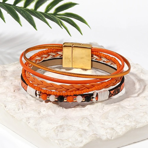 チャーム ブレスレット  カボチャ オレンジ フルーツ プラント レザー ビーズ 果物 植物 野菜 レディース BOHO シード 種 ハンドメイド