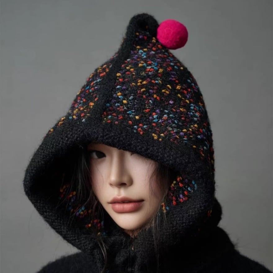 ぽんぽん付きニットフード帽 バラクラバ|きれいめネップニット フードウォーマー 小顔 防寒