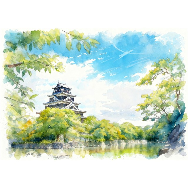 絵画 風景画 日本の城 広島県広島城 インテリアアート額付き 水彩画・油絵風 WAT0073