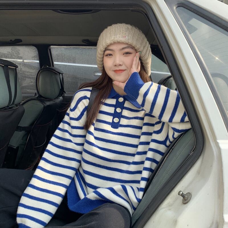 ネイビースタイルカラーストライプセーター レディーススプリングルーズニットトップス 春物 スーパーモール74035877006