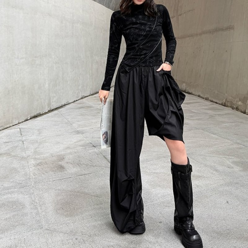 ジッパー付き ワイドレッグ フルレングス パンツ 1color PT0458