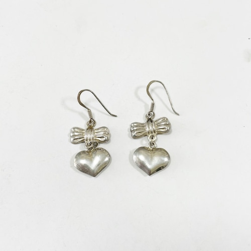Vintage 925 Silver Heart Ribbon Pirced Earrings
