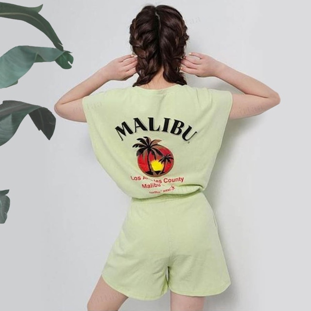 Y-627　【上下セット】MALIBUバックプリントTシャツ×ショートパンツセットアップ　ライトグリーン 0602