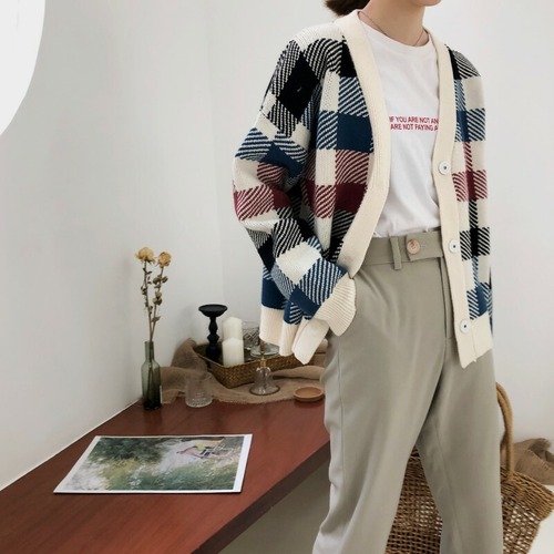 カーディガン　ニット　　チェック柄　大人可愛い　初秋　BACB0018