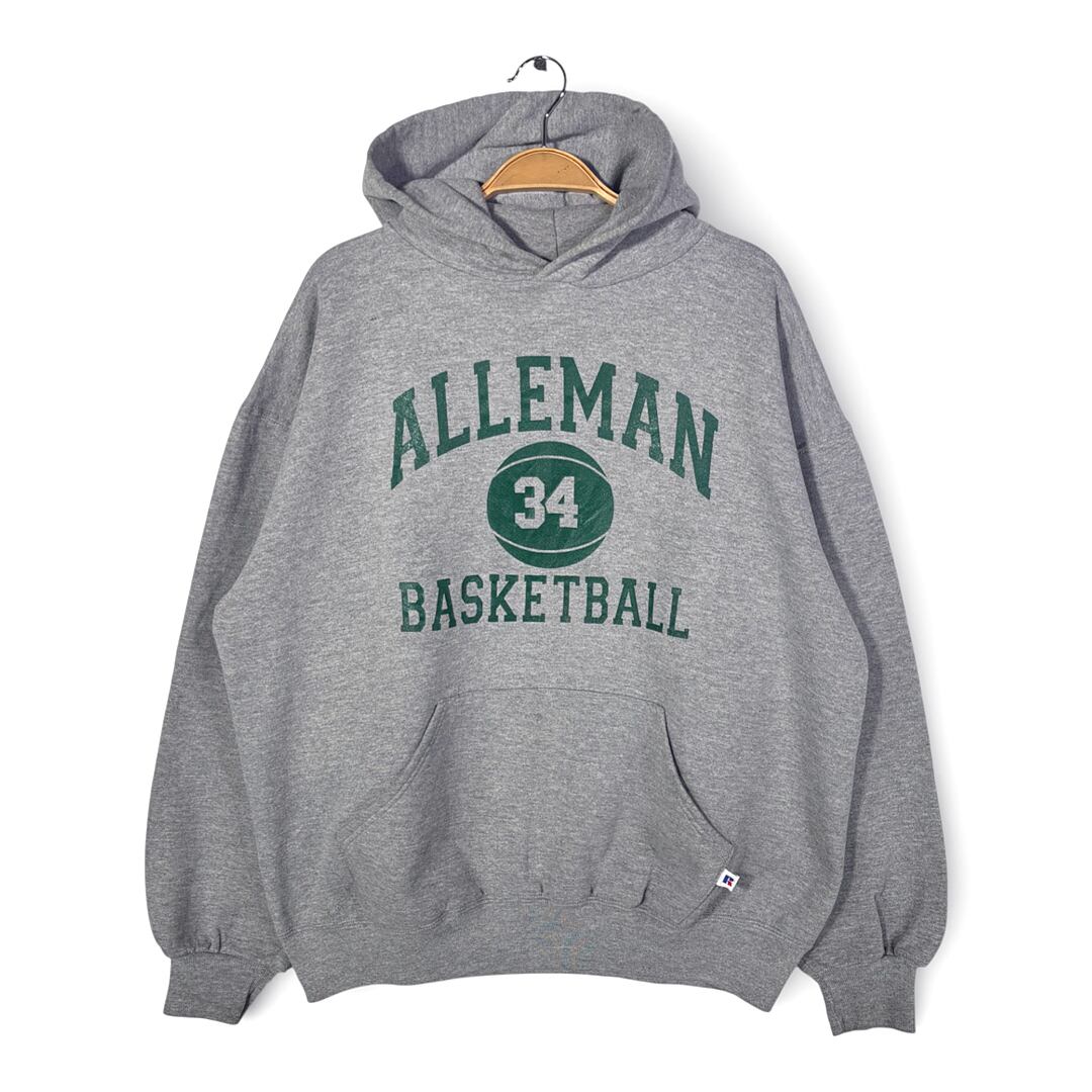 90s ラッセル USA製 ヴィンテージ スウェットパーカー カレッジ 3段プリント グレー RUSSELL メンズXL 古着 CG0473